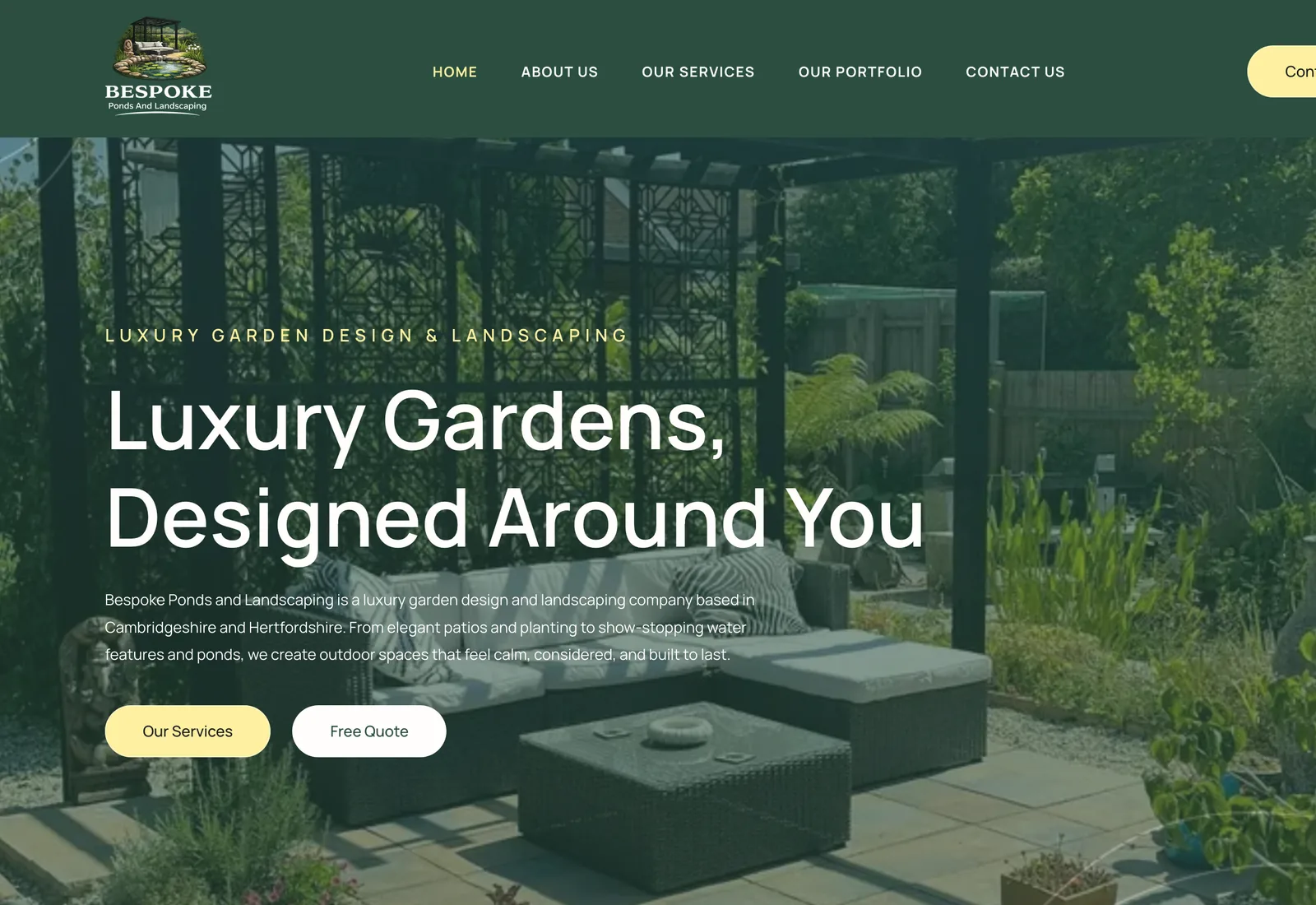 The Bespoke Ponds and Landscaping homepage on a desktop browser: the headline “Luxury Gardens, Designed Around You” in white over a photograph of a planted garden with a pergola and seating.