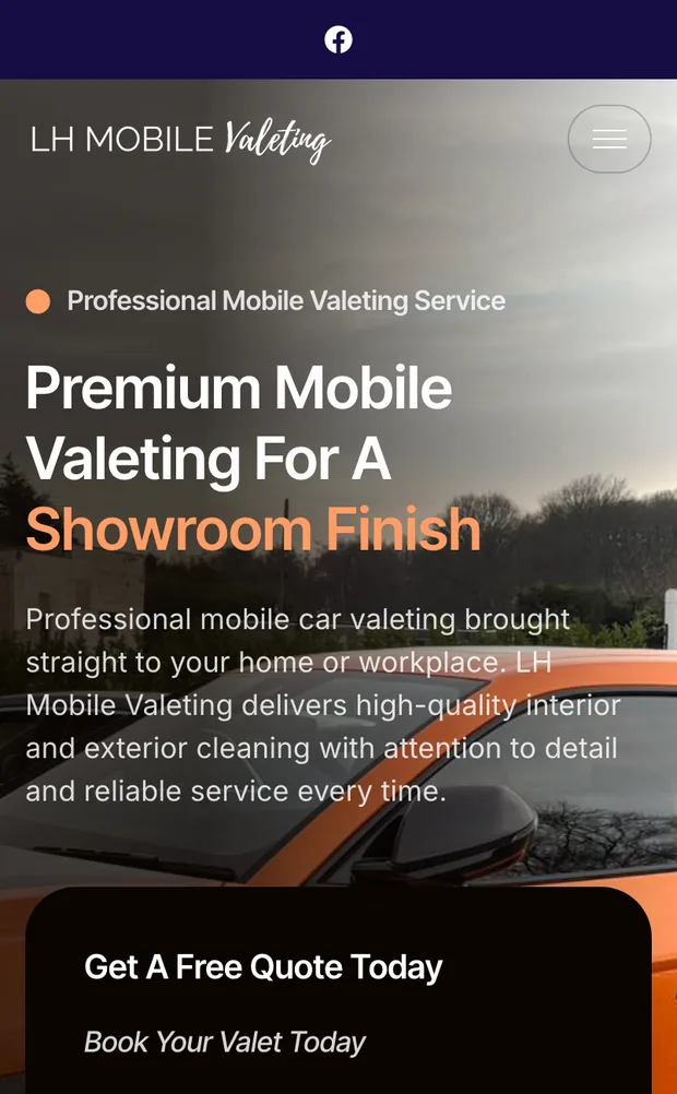 The same LH Mobile Valeting homepage on a phone, with the headline and quote form stacked.