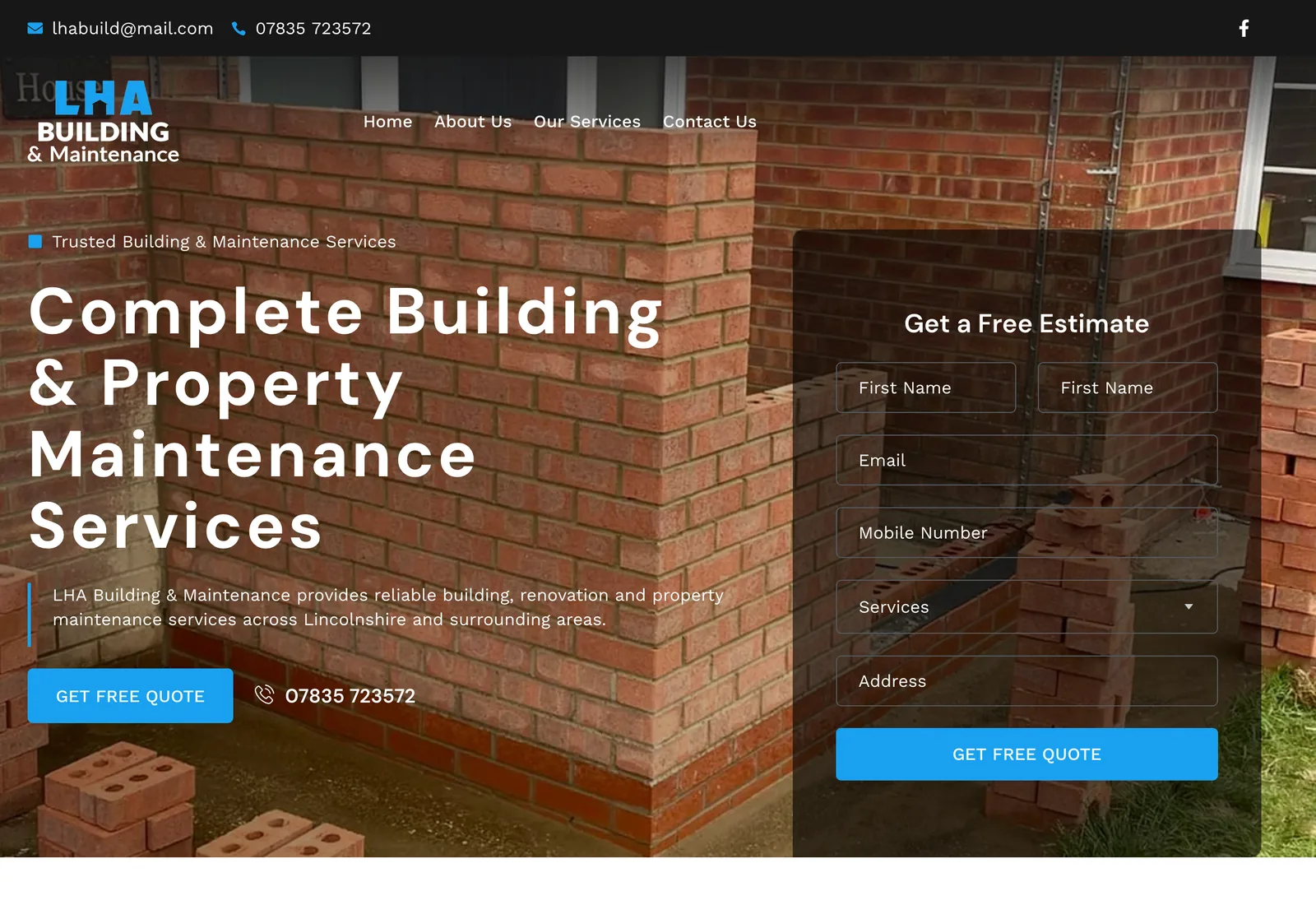The LHA Building and Maintenance homepage on a desktop browser: the headline “Complete Building & Property Maintenance Services” over a photograph of new brickwork, with a free-estimate form alongside it.