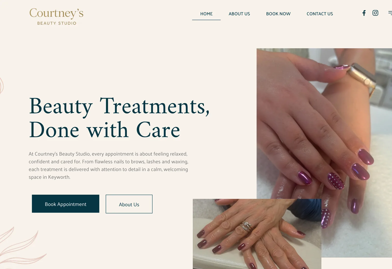 The Courtney’s Beauty Studio homepage on a desktop browser: the headline “Beauty Treatments, Done with Care” beside photographs of manicured nails, with “Book Appointment” and “About Us” buttons.