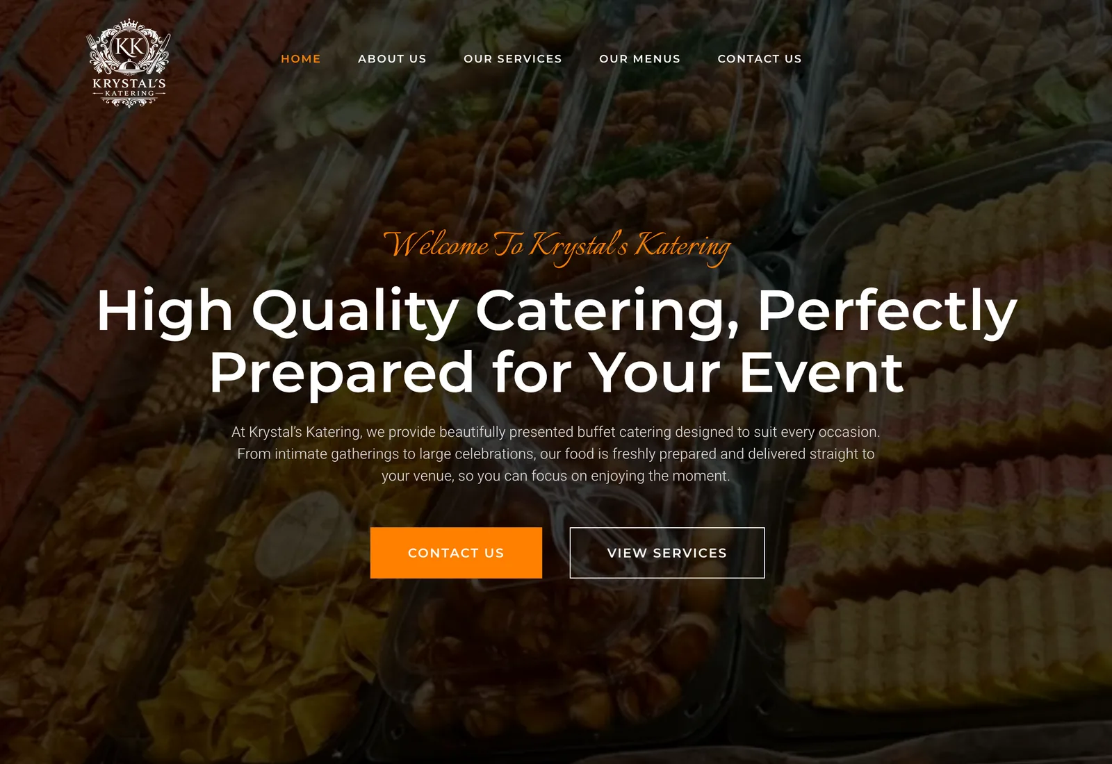 The Krystal’s Katering homepage on a desktop browser: the headline “High Quality Catering, Perfectly Prepared for Your Event” over a photograph of a buffet, with “Contact Us” and “View Services” buttons.