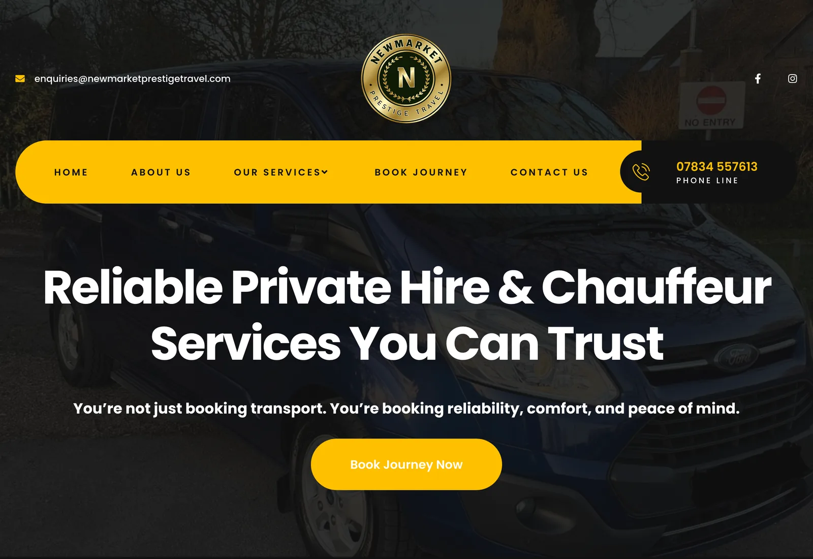 The Newmarket Prestige Travel homepage on a desktop browser: the headline “Reliable Private Hire & Chauffeur Services You Can Trust” over a photograph of a car, above a “Book Journey Now” button.