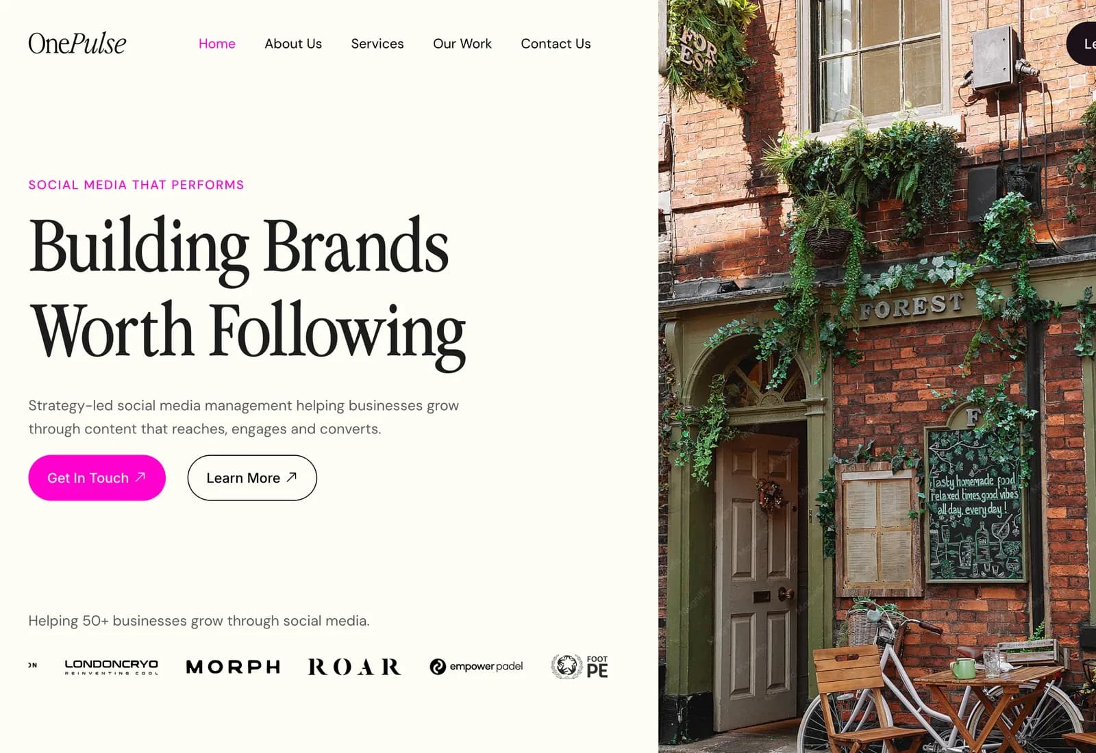 The OnePulse homepage on a desktop browser: the headline “Building Brands Worth Following” beside a photograph of a shopfront, with a line describing social media management and “Get In Touch” and “Learn More” buttons.