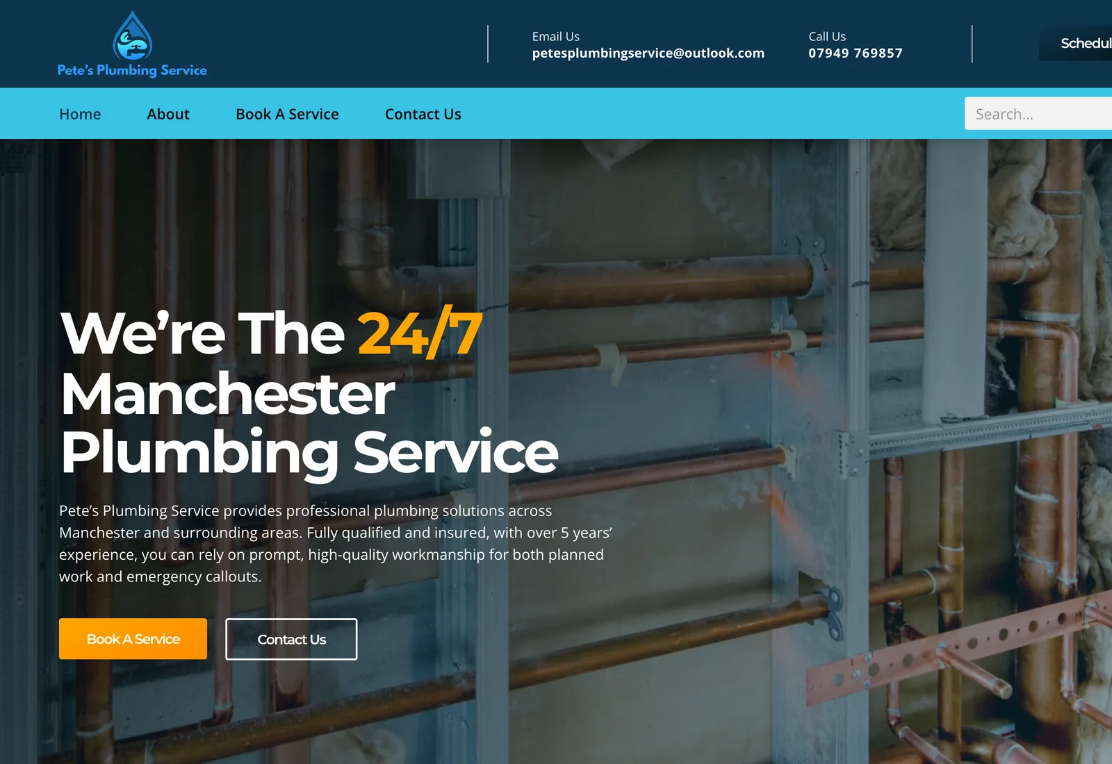 The Pete’s Plumbing Service homepage on a desktop browser: the headline naming a Manchester plumbing service over a photograph of pipework, with “Book A Service” and “Contact Us” buttons.
